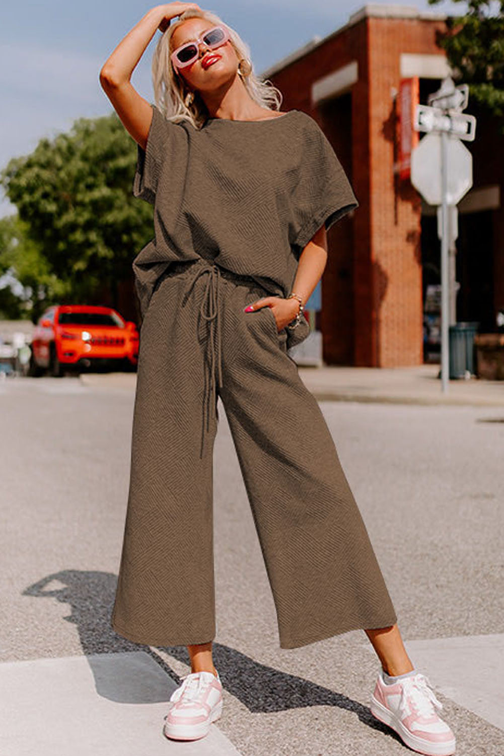 Gray Textured Loose Fit T Shirt & Drawstring Pants Set