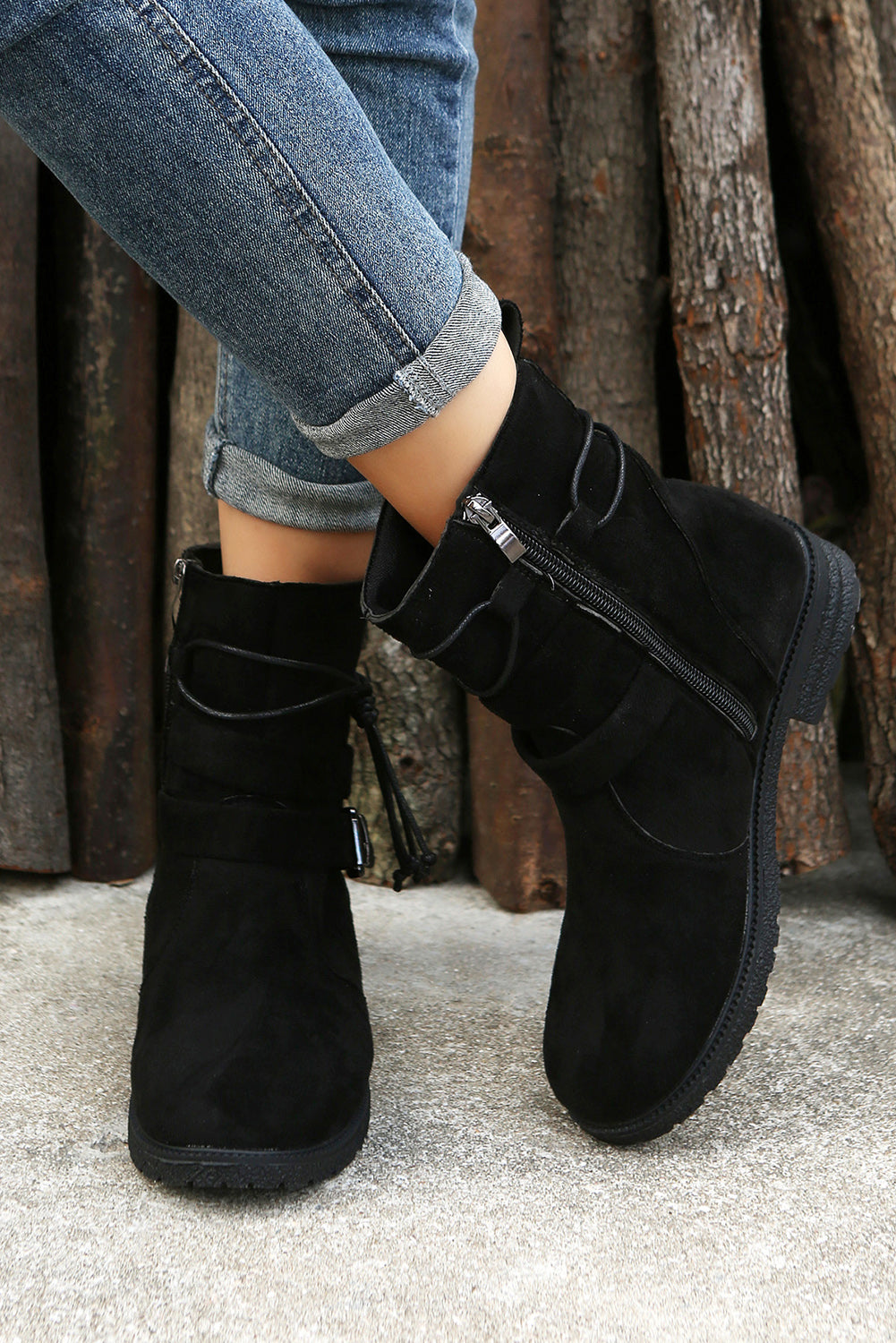 Brown Faux Suede Zip Up Buckle Straps Ankle Boots