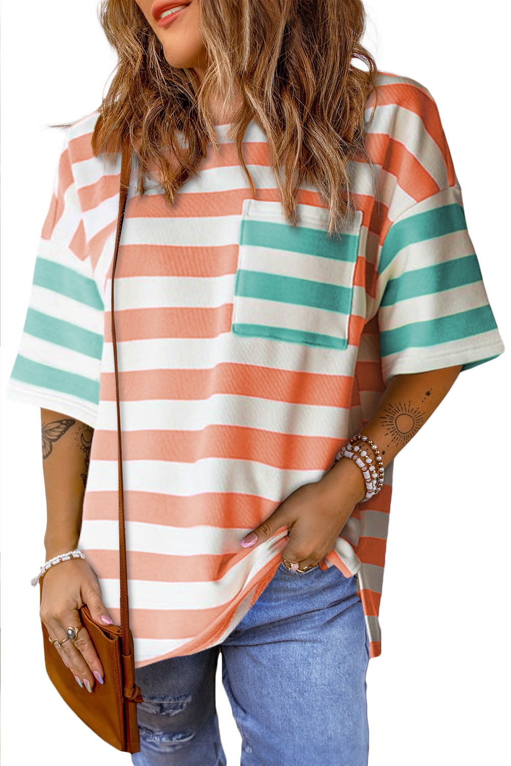 Pink Stripe Patch Pocket Drop Sleeve Slits T Shirt