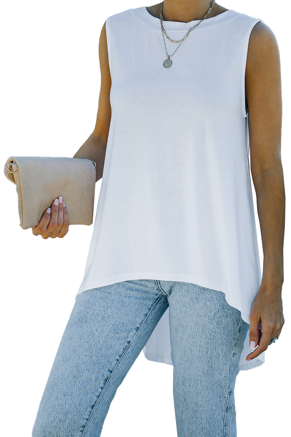 White Casual Solid Color High Low Tank Top