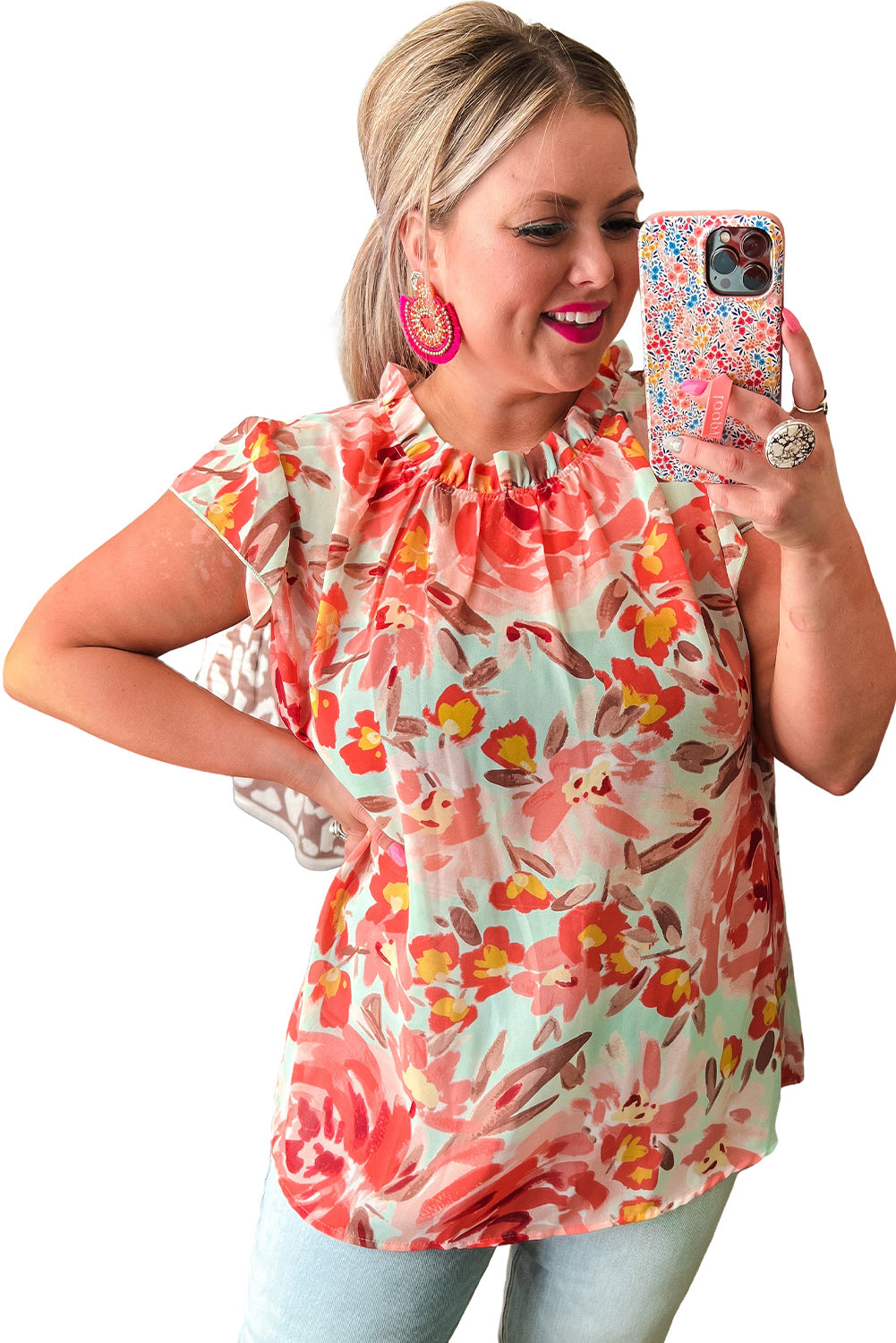 Plus Size Watercolor Floral Print Frill Neck Blouse