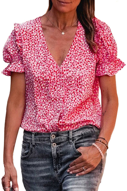 Rosy Leopard Print Oversized Casual Half Sleeve V Neck Top