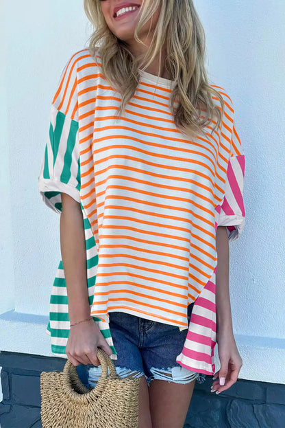 Striped Patchwork Slits Baggy T Shirt