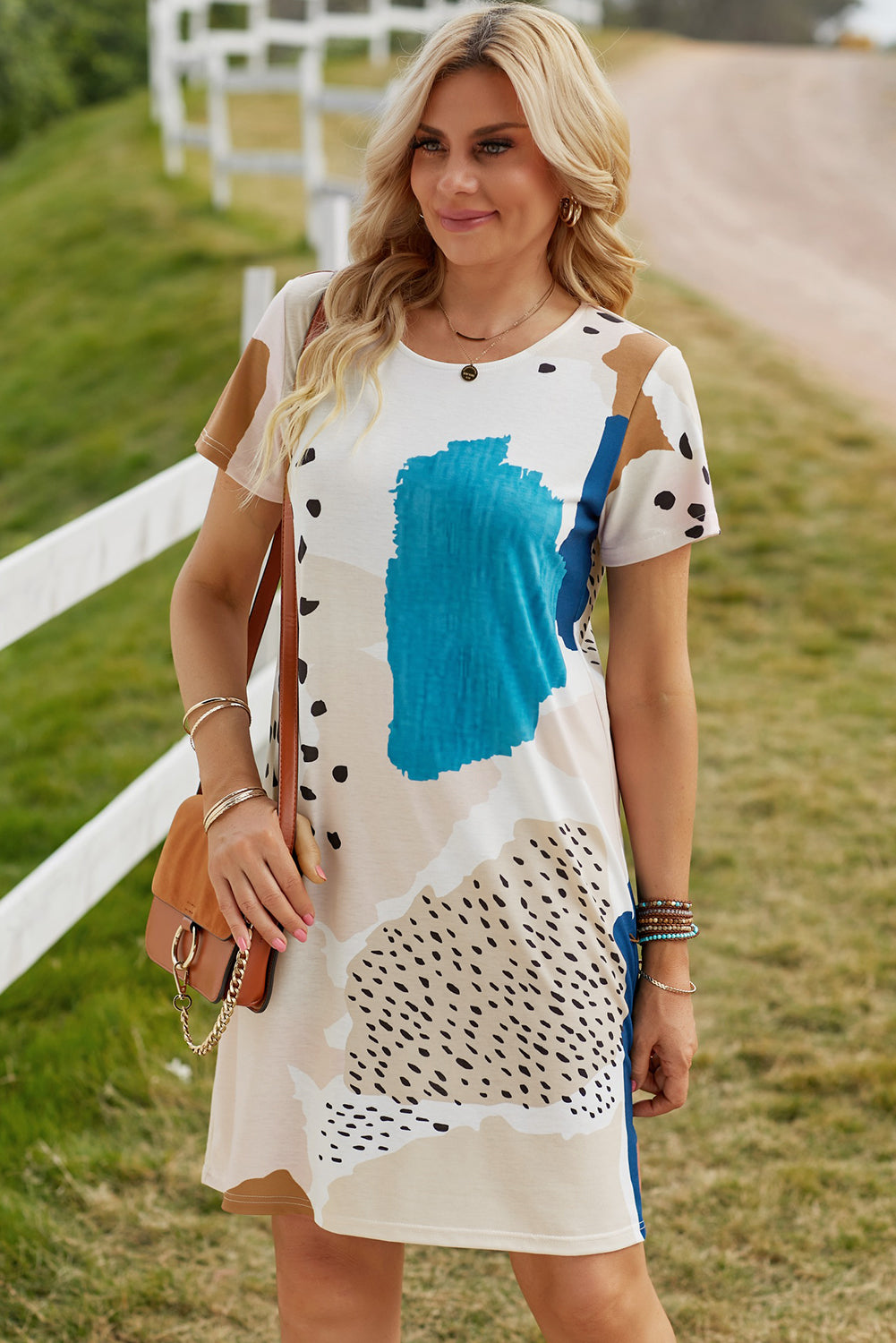 Casual Tie Dye Spotted Print Color Block Shirt Dress