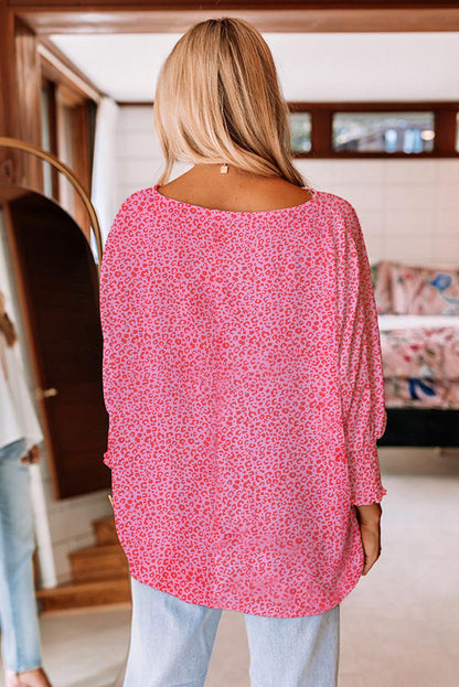 Rosy Leopard Print Oversized Casual Half Sleeve V Neck Top