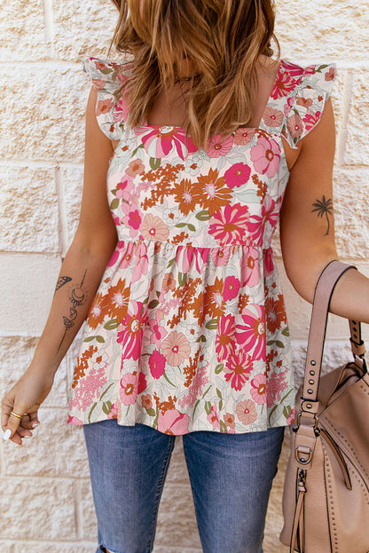 Floral Print Casual Ruffled Sleeveless Tiered Short Dress