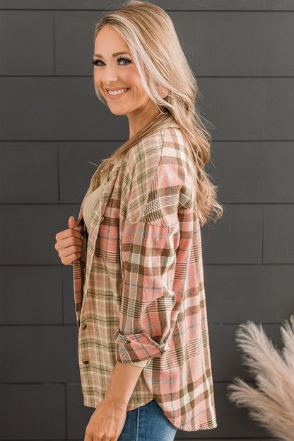 Pink Plaid Plus Size Color Block Long Sleeve Shirt with Pocket