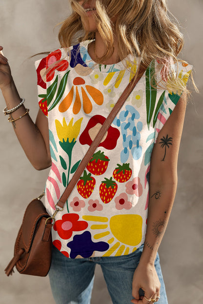 Fruit & Plant Print Round Neck Cap Sleeve T Shirt