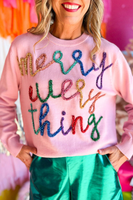 Pink Merry Everything Shiny Letter Pattern Knit Sweater