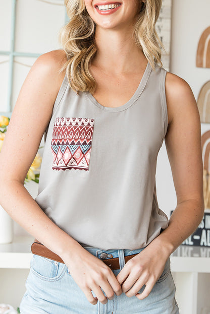 Grey Casual Ethnic Pattern Pocket Tank Top