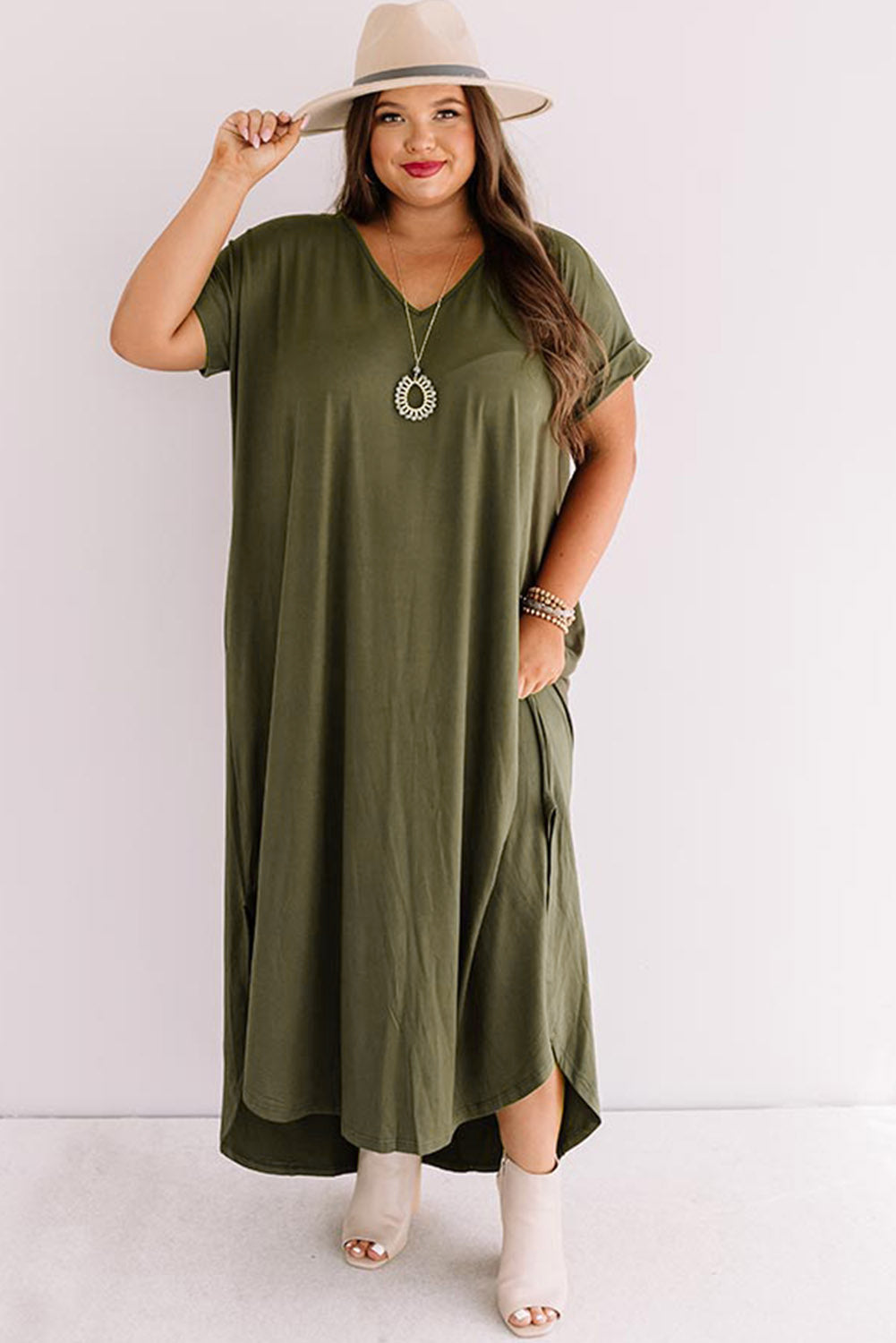 V Neck Rolled Cuffs Plus Size Maxi Dress