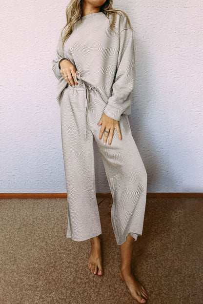 White Textured Loose Slouchy Long Sleeve Top and Pants Set