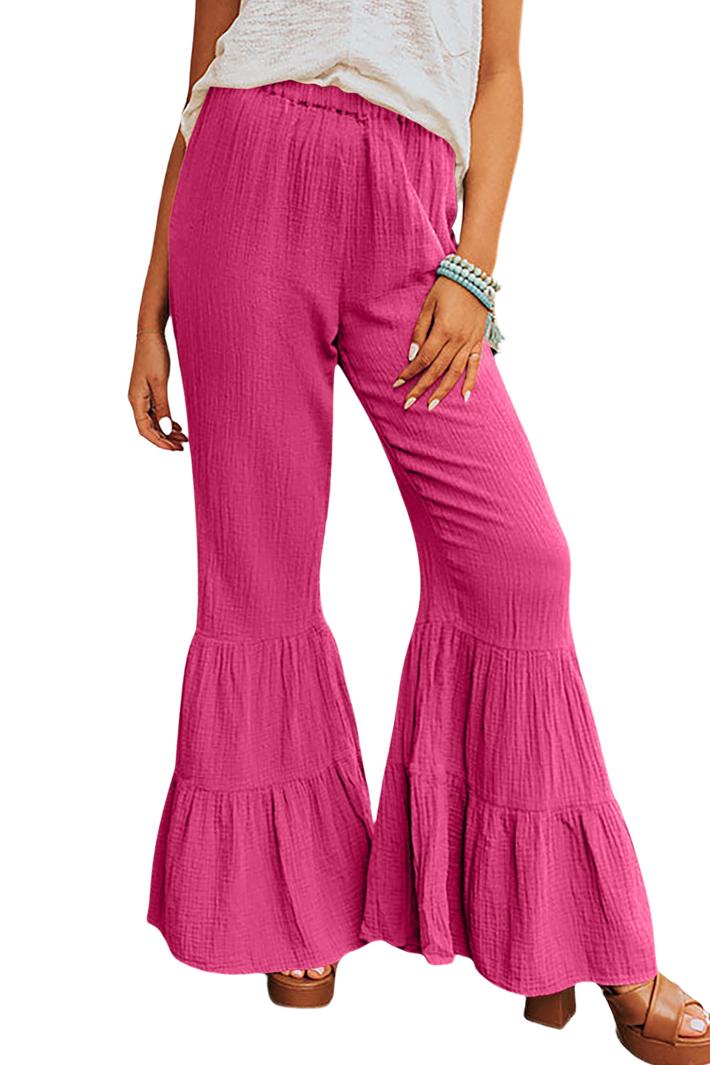 Plain Cotton Tiered Ruffle Flare High Waisted Pants