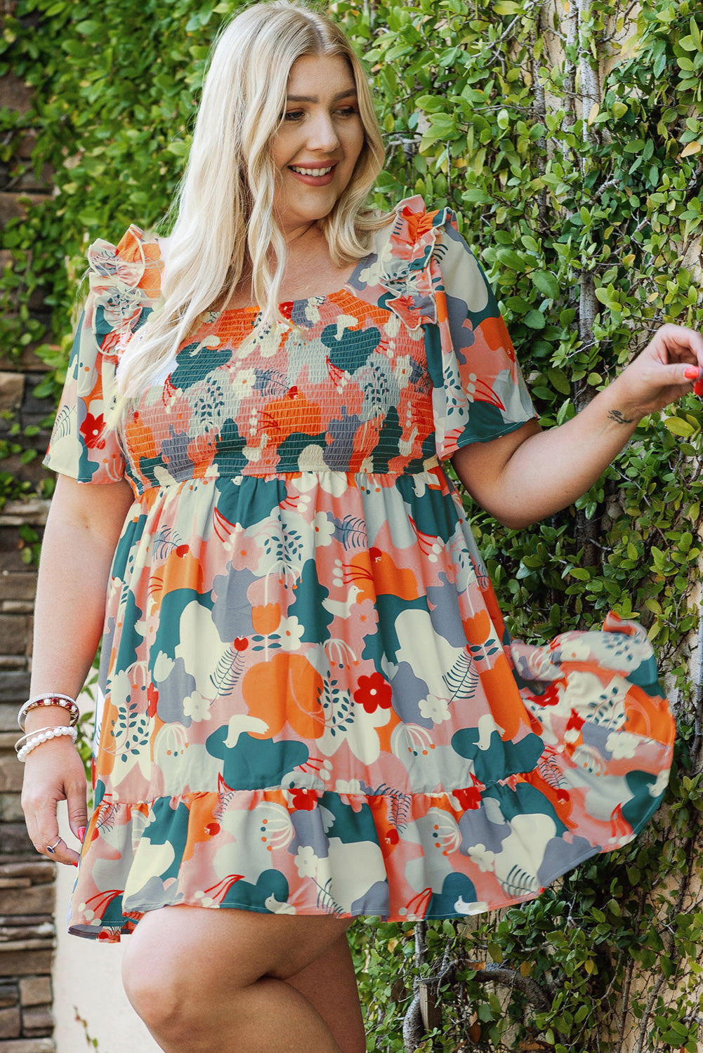 Multicolor Plus Size Shirred Mixed Print Ruffle Dress