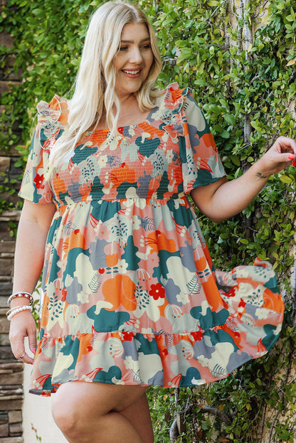 Multicolor Plus Size Shirred Mixed Print Ruffle Dress