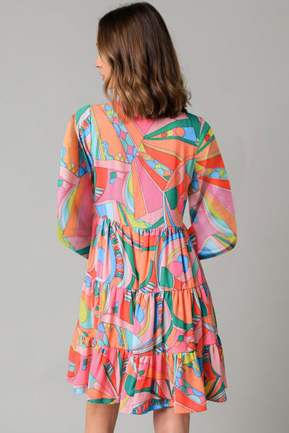 Multicolor Abstract Print Split V Neck Short Sleeve Tiered Dress