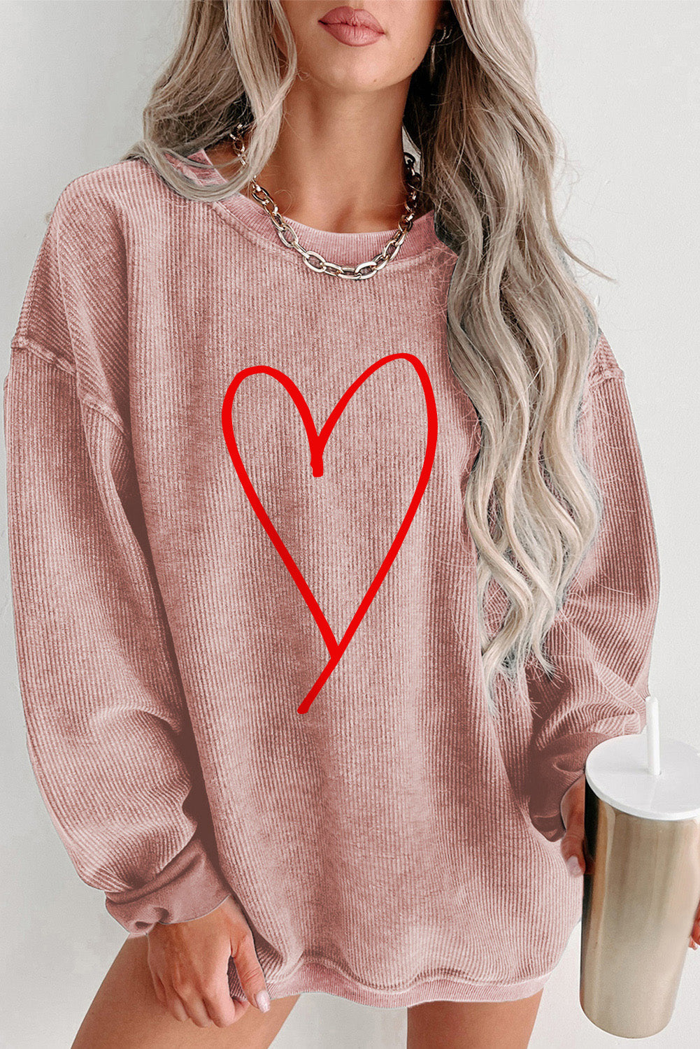 Valentine Heart Print Corded Graphic Oversized Sweatshirt