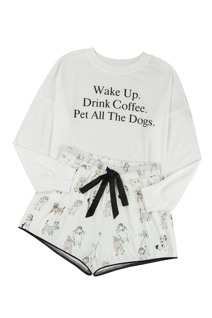 White Letter Print Top & Drawstring Dog Print Shorts Loungewear Set