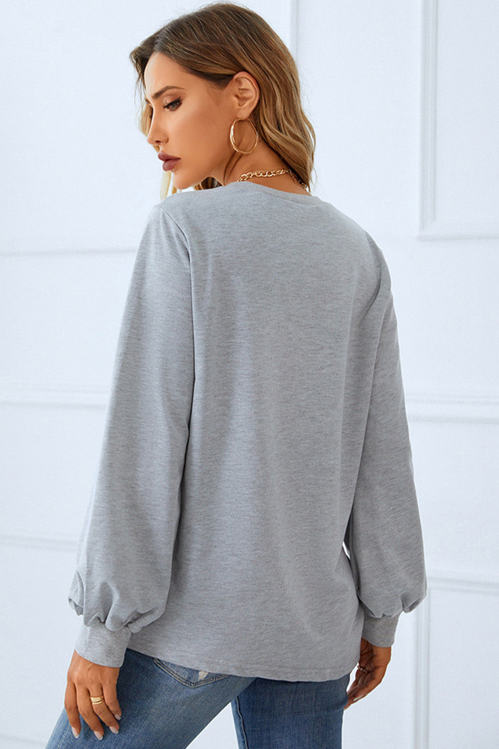 Light Grey Solid Color Ruched Decor Long Sleeve Top