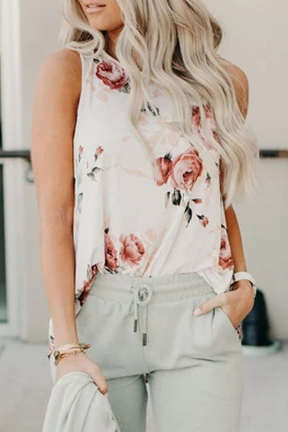 Floral Print Round Neck Casual Grey Tank Top