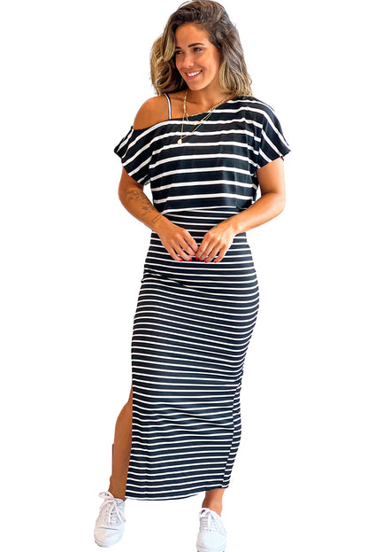 Stripe Asymmetric Cold Shoulder Top & Slit Pencil Skirt Set