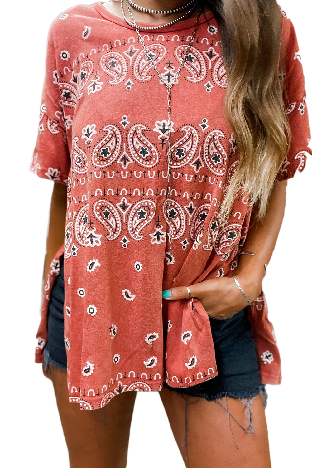 Red Paisley Print Round Neck Split Long T Shirt