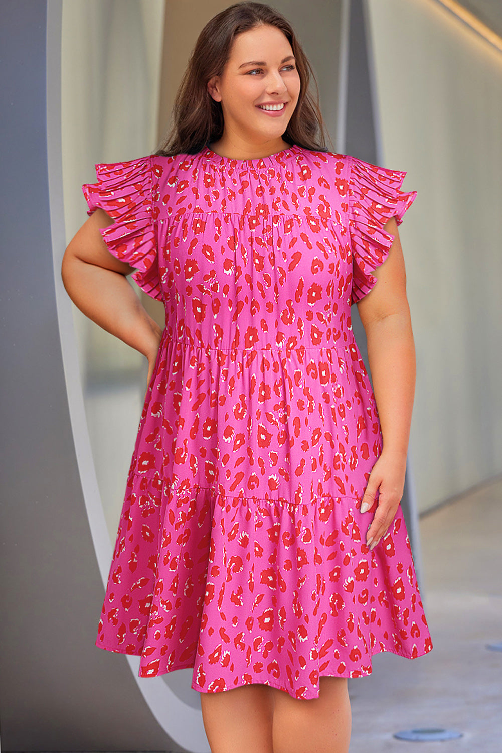 Leopard Print Frilled Sleeveless Plus Size Mini Dress