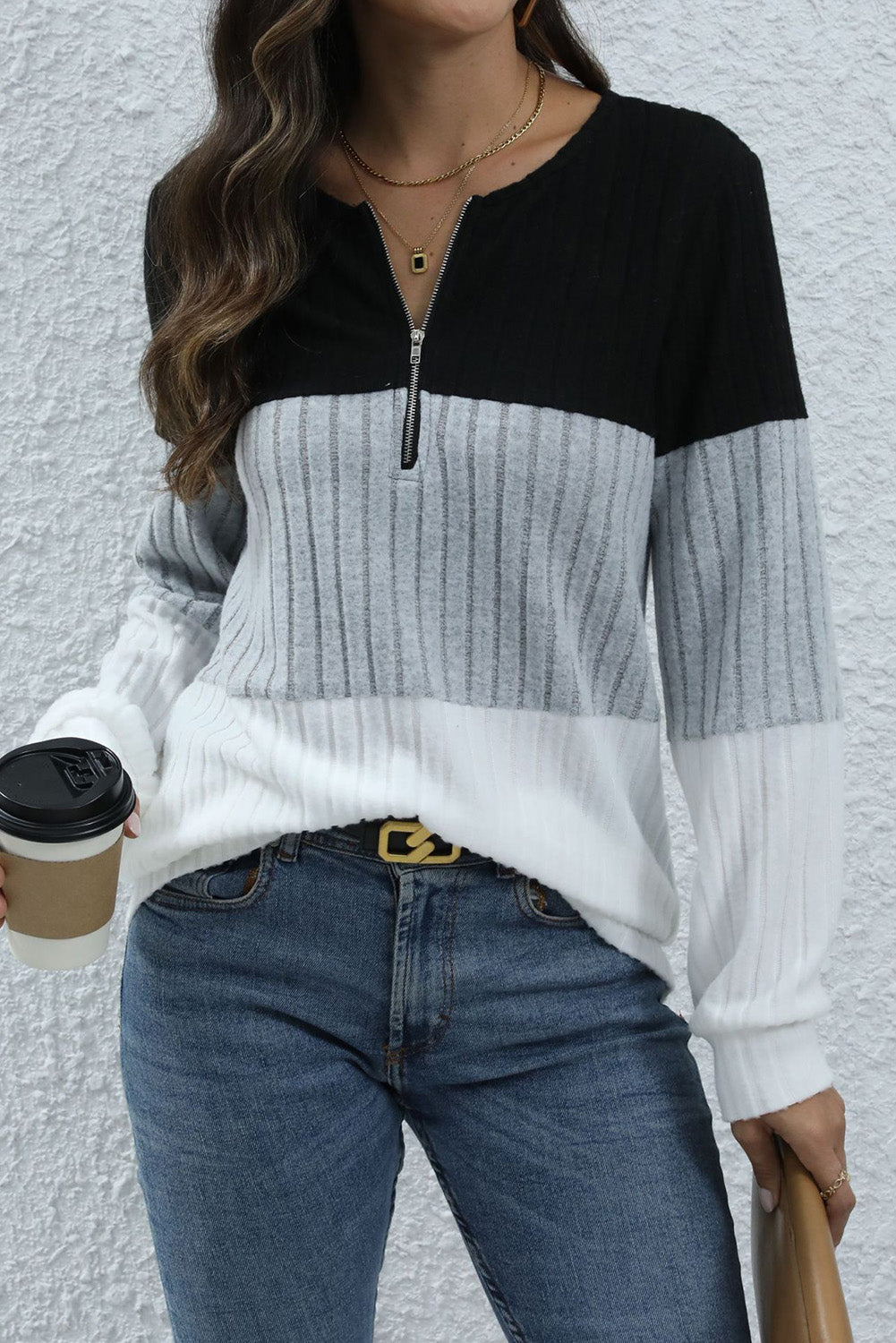 Multicolour Textured Color Block Zipper Round Neck Sweatshirt