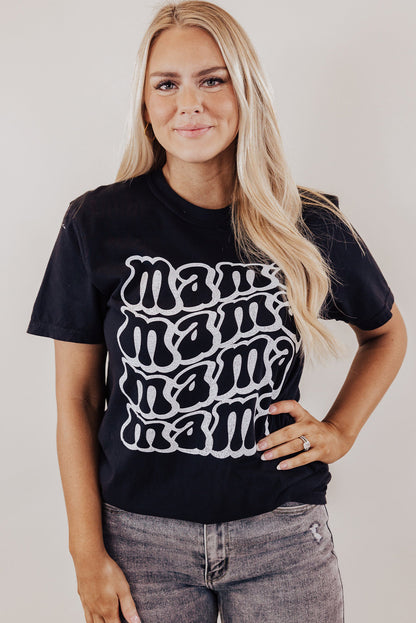Black Casual mama Letter Graphic Round Neck T Shirt