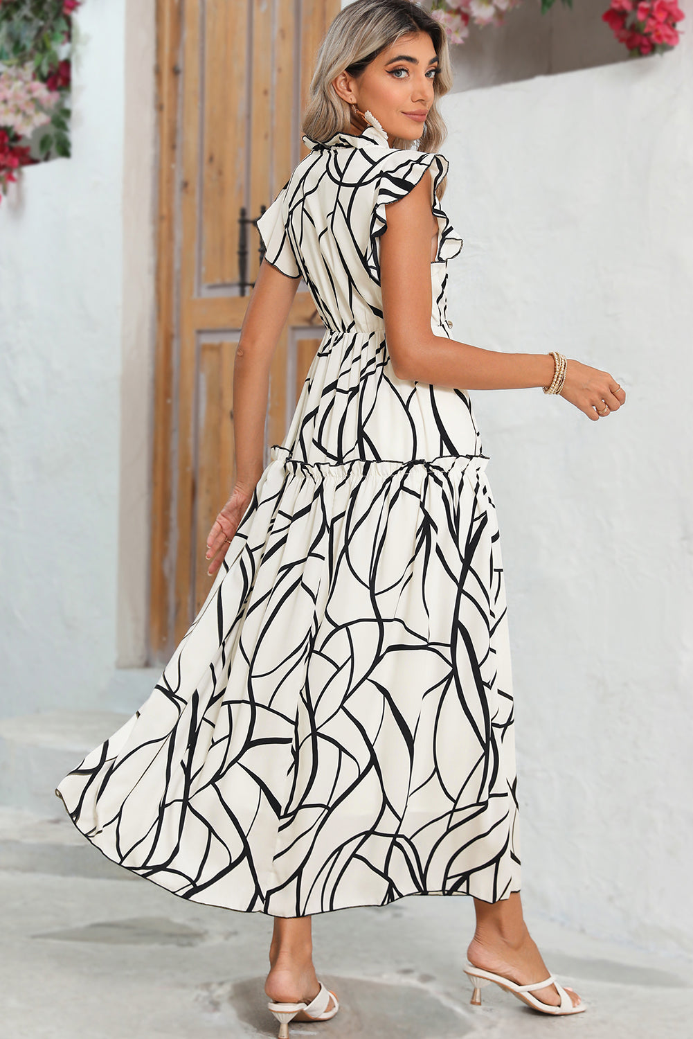 White Abstract Print V Neck Ruffle Maxi Dress