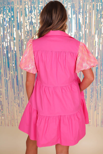 Bonbon Sequins Bubble Sleeve Tiered Mini Shirt Dress