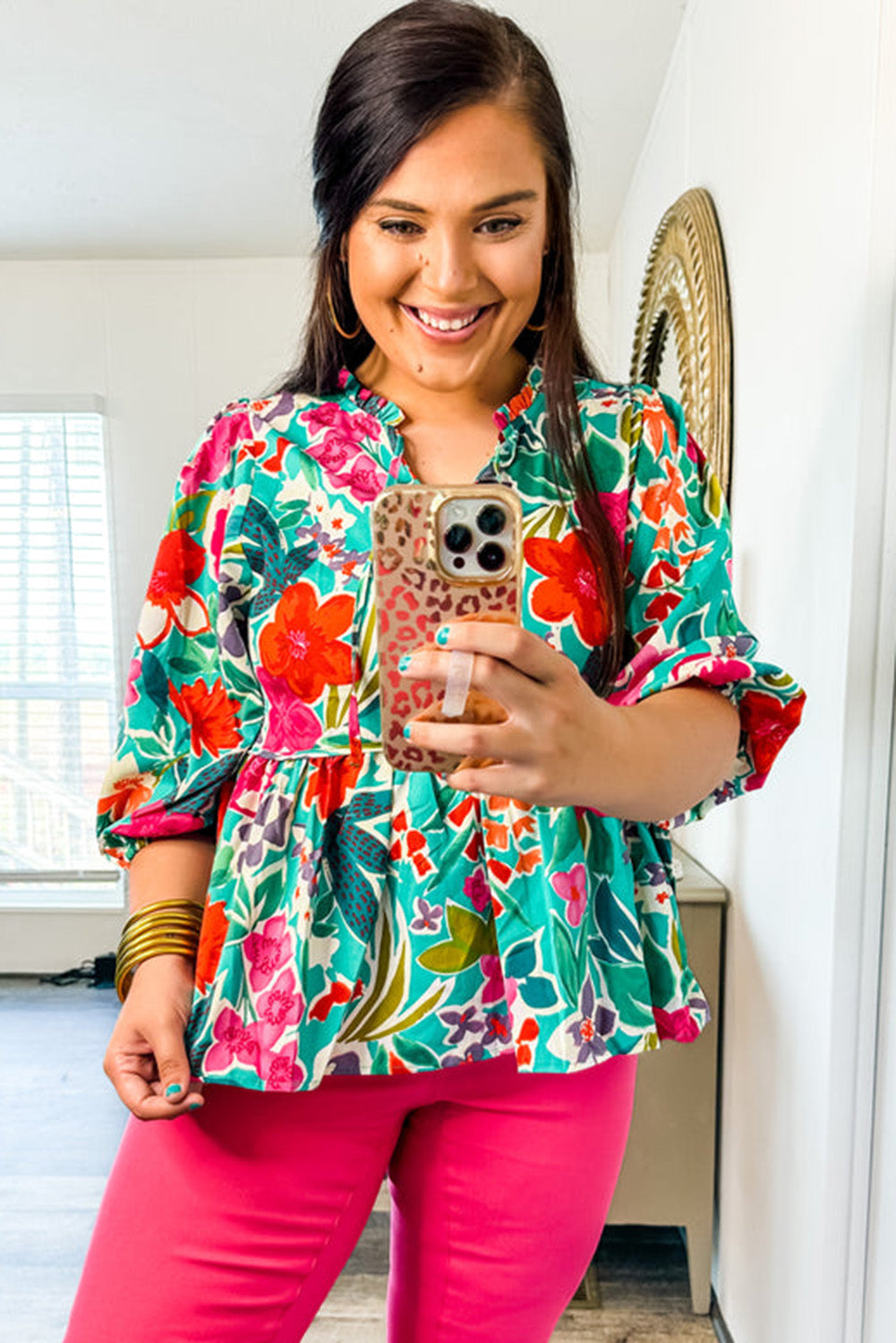 Multicolor Floral Tie Split Neck Plus Size Peplum Blouse