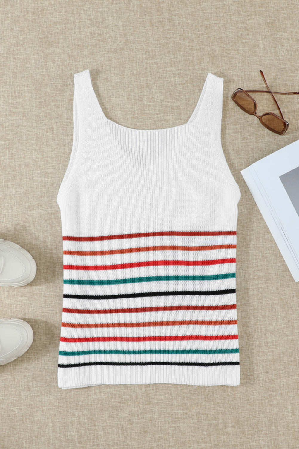 Multicolor Stripes White Knit Tank Top