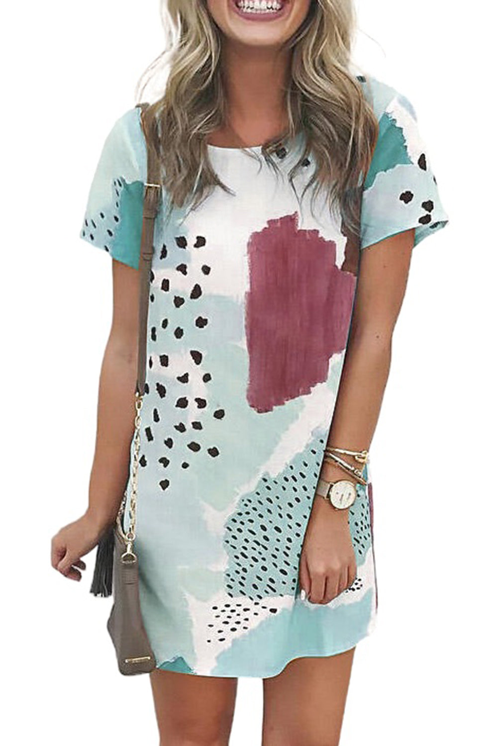 Casual Tie Dye Spotted Print Color Block Shirt Dress