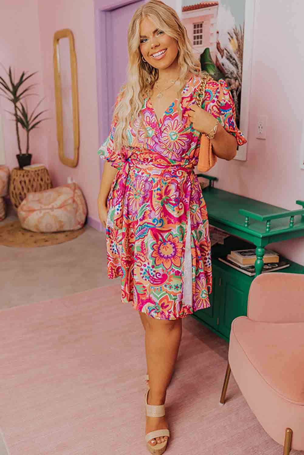 Multicolor Boho Paisley Floral Print Wrap V Neck Puff Sleeve Plus Size Dress