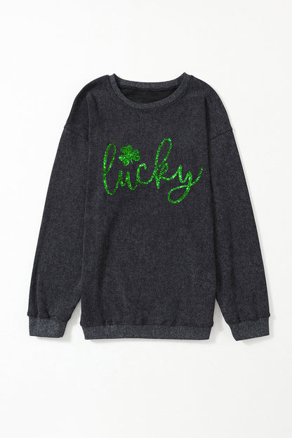 Black Shiny Lucky Clover Graphic Corded Drop Shoulder Sweatshirt