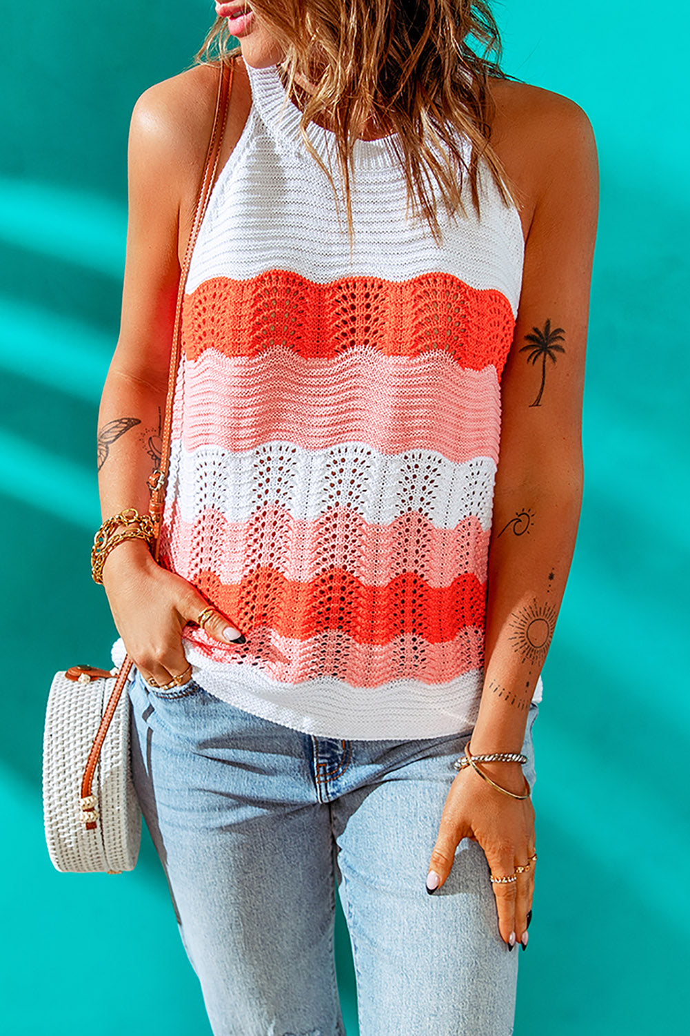 Orange Casual Knit Colorblock Tank Top