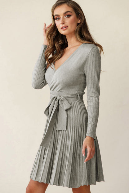 Gray Belted Wrap V Neck Ribbed Pleated Sweater Dress