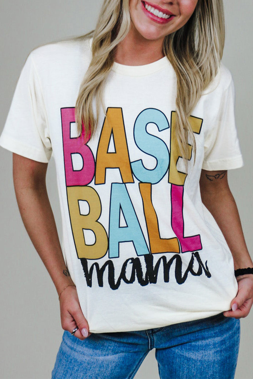 White Colorful Baseball Mama Letter Graphic Tee