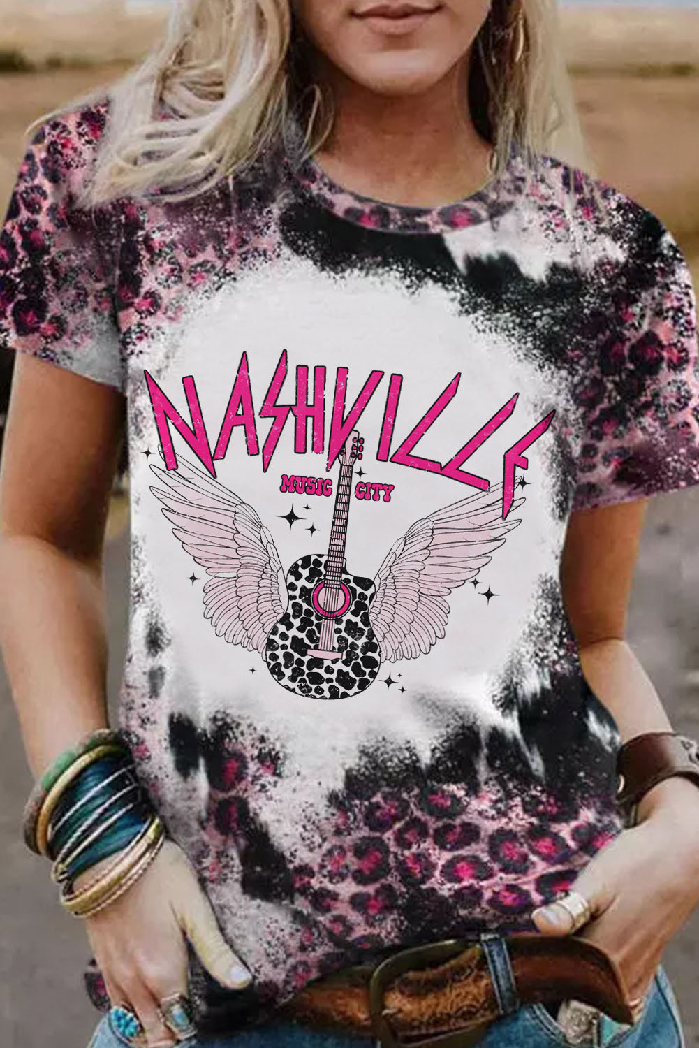 Pink NASHVILLE MUSIC CITY Graphic Bleached Leopard Tee