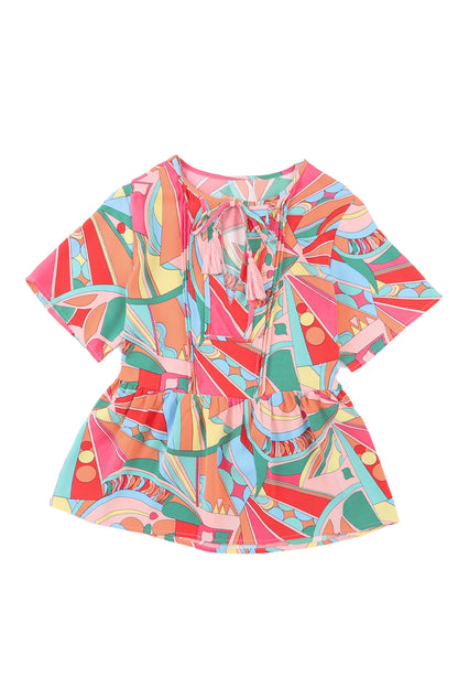 Multicolor Abstract Print Split V Neck Short Sleeve Tiered Dress