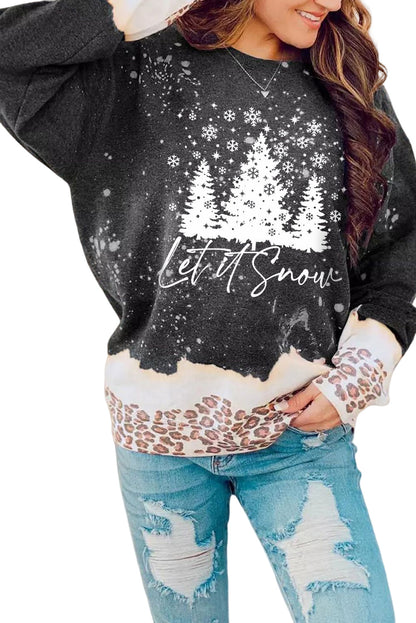 Black Christmas Tree Snowy Leopard Bleached Graphic Sweatshirt