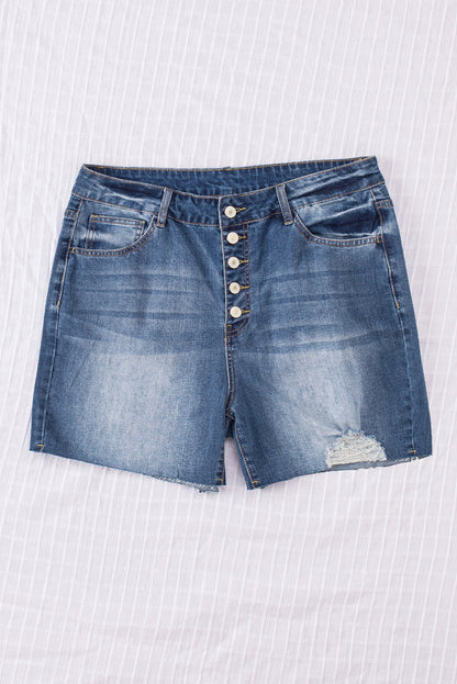 Dark Blue Buttons Ripped High Rise Plus Size Denim Shorts