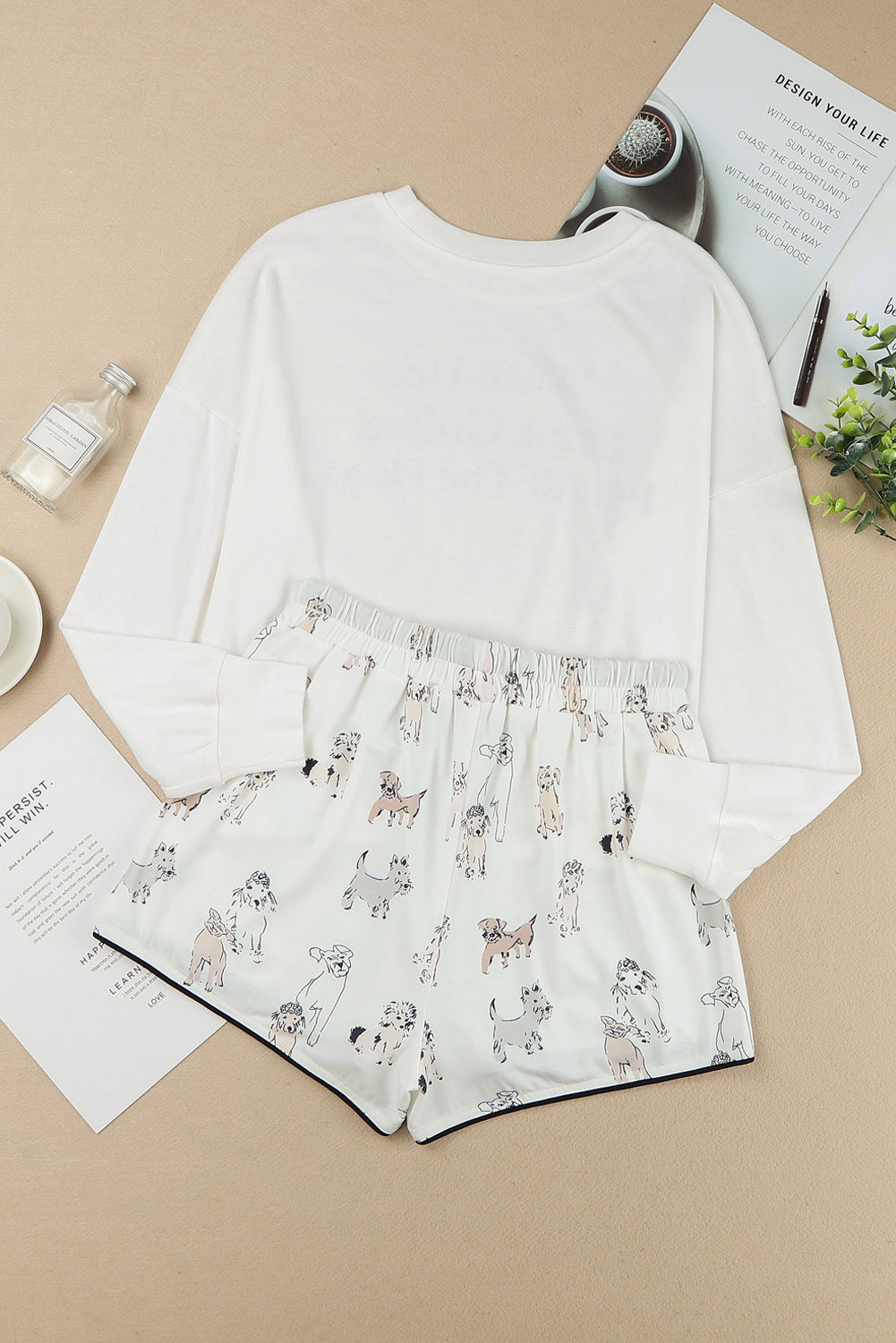 White Letter Print Top & Drawstring Dog Print Shorts Loungewear Set