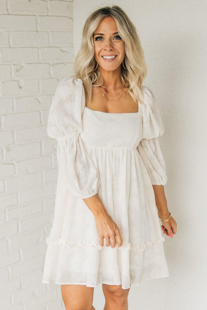 White Jacquard Square Neck Bubble Sleeve Dress