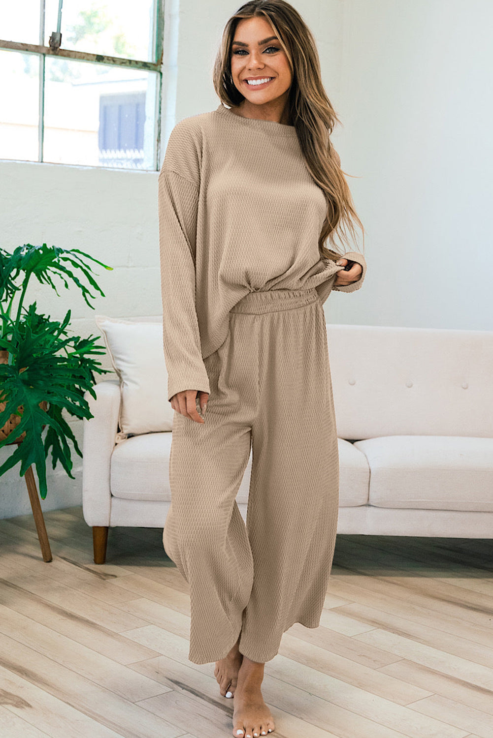 Smoke Gray Loose Fit Textured Pullover And Pants Set