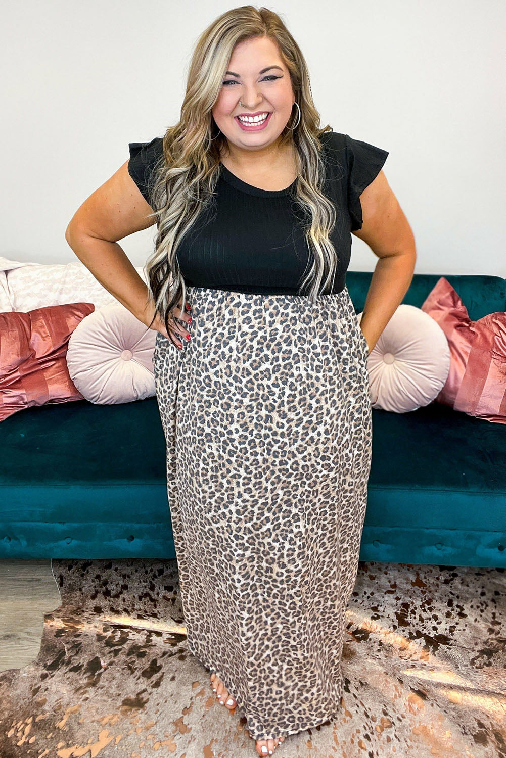 Plus Size Rib Leopard Short Sleeve Maxi Dress