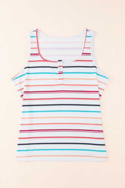 Colorful Striped Henley Button Plus Size Tank Top