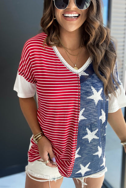 Multicolor Stripes Stars Print Knit Short Sleeve Top