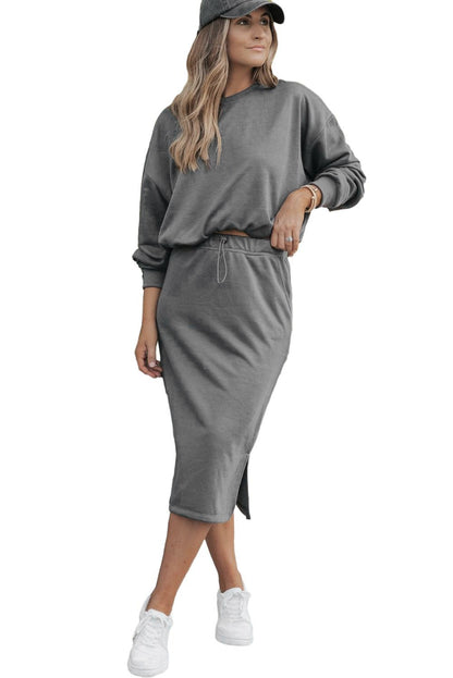 Dark Grey Drop Sleeve Pullover and Slit Midi Skirt Set